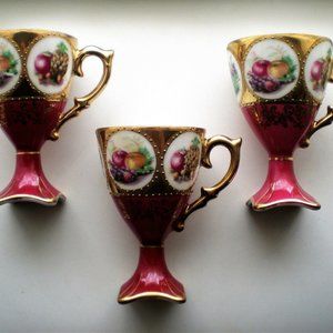 Antique Vintage 3 Lefteris Fruit Red Gold Tea Coffee Cup & Saucer Set 6 Total